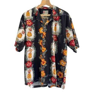 VTG HILO HATTIE Men's Sz XL Black Floral Tropical Print Hula Girl Shirt USA